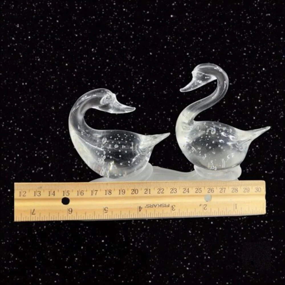 1980s Clear Art Glass Bird Duck Sculpture Figure On Frosted Bottom W Bubbles‎